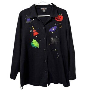 Hampshire Studio Halloween Embroidered Sweater Button Up Size Medium Fall Spooky